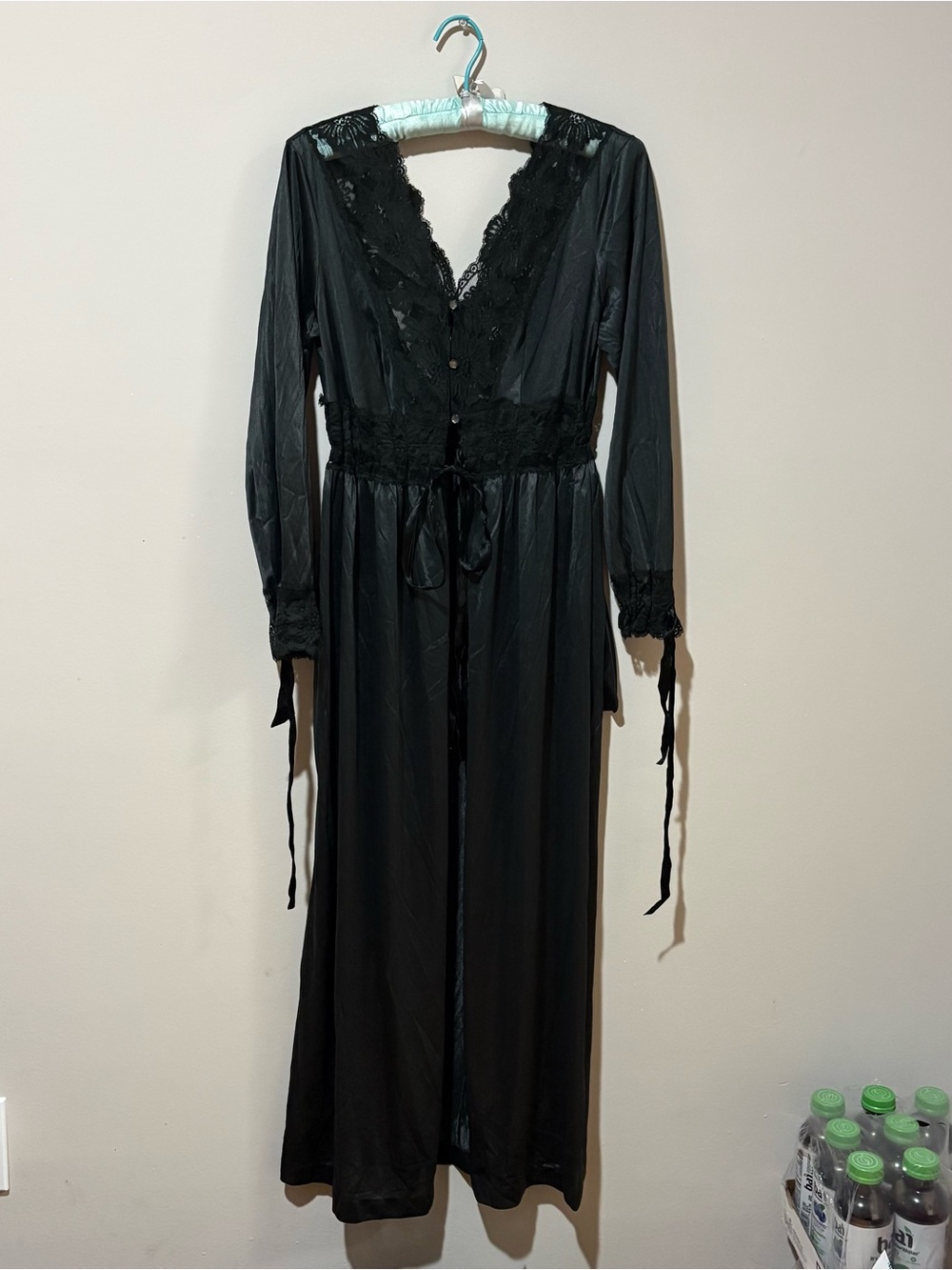 Black lace trim long sleeve robe